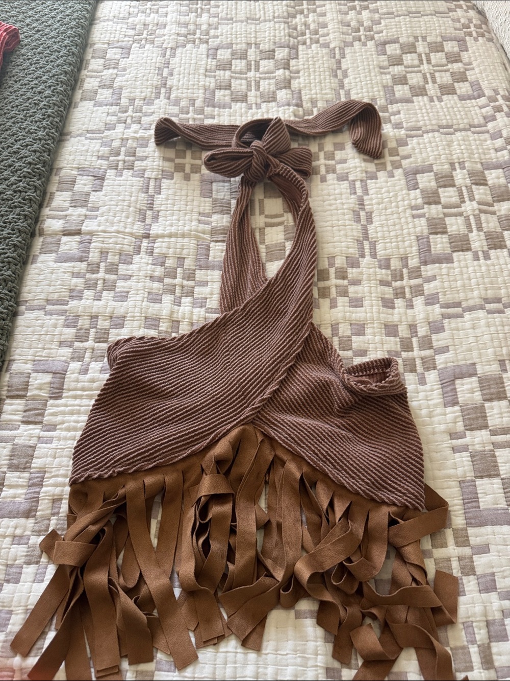 Brown Ribbed Halter Crop Top with Fringe - Unbranded